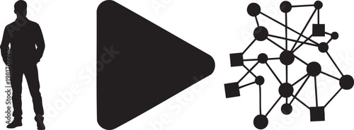 Silhouette of a person standing next to a play button and a network connection diagram on a white background