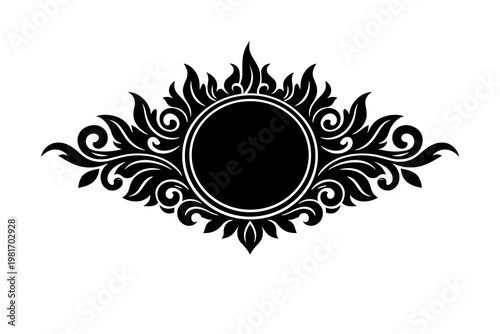 Ornate Circular Emblem with Decorative Flourishes and Volutes, Elegant Symmetry, Black and White Graphic Design Element