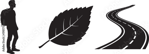 Silhouette of a traveler with a backpack standing beside a leaf and a winding road on a white background