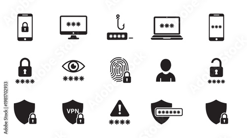 Cyber security icons set with locked devices, hidden password blocks, VPN shield, and alert warning symbols