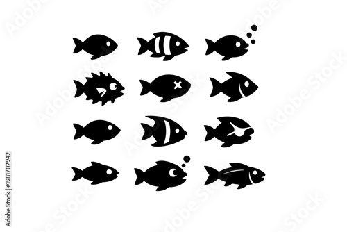 Varied collection of simple black fish icons, diverse aquatic animal silhouettes for marine life graphic design and digital elements