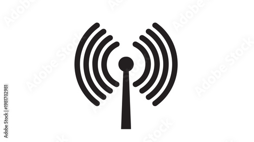 Antenna radio signal icon with curved broadcast waves and a vertical transmitter post on white background