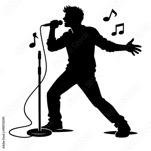Dynamic silhouette of a male singer performing live on stage with microphone, musical notes capturing vocal talent and concert vibe