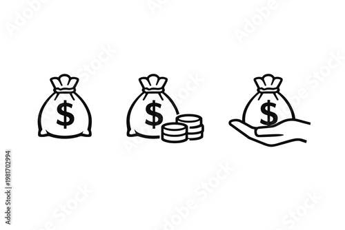 Clean vector illustrations of money bag icons with dollar signs, symbolizing financial prosperity, wealth, savings, investment