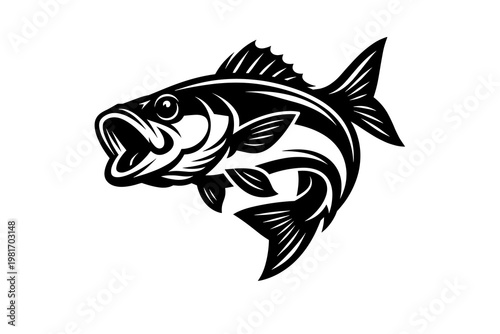 Striking vector illustration of a powerful freshwater game fish, a dynamic bass with open mouth, symbolizing the essence of sport fishing