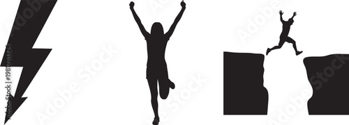 Silhouettes of people jumping and celebrating with lightning bolt on white background, symbolizing success and achievement in business and life.