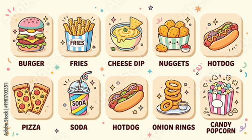 A vibrant collection of ten cartoon-style fast food and snack icons including burgers, fries, pizza, hotdogs, nuggets, onion rings, cheese dip, soda, and candy popcorn.