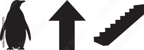Black silhouettes of a penguin, an arrow, and a staircase on a white background, simple graphic design elements.