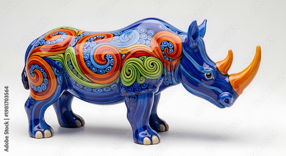 Obraz premium Colorful ceramic rhino figurine with elaborate swirling patterns and vibrant hues