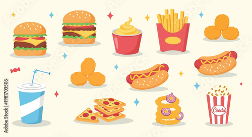 A vibrant collection of popular fast food items including burgers, fries, hot dogs, pizza, popcorn, and a drink, presented in a flat design style.