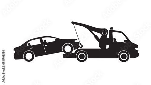 Tow truck icon with black silhouettes and rope hook details beside car service illustration featuring vehicle assistance, roadside help, flatbed with