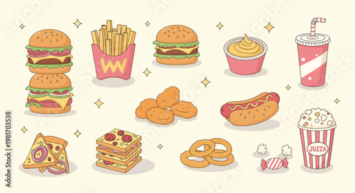 A vibrant collection of cartoon-style fast food items, including burgers, fries, pizza, hot dogs, nuggets, onion rings, soda, popcorn, and candy on a light background.