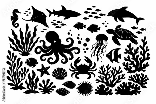 Marine Life Silhouette Collection Diverse Ocean Creatures and Underwater Plants in Black and White for Artistic and Educational Projects