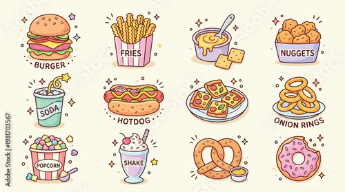 A collection of cute cartoon fast food items including burgers, fries, hotdogs, pizza, soda, popcorn, and desserts, all illustrated with a whimsical, doodle style.