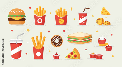 A collection of popular fast food items and snacks including burgers, fries, pizza, donuts, and soda in a flat design style.