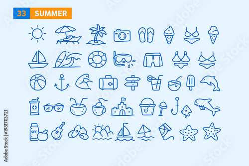 Vector line icons for summer vacation, beach holidays, travel, and leisure. Essential collection of tropical activities and seaside symbols