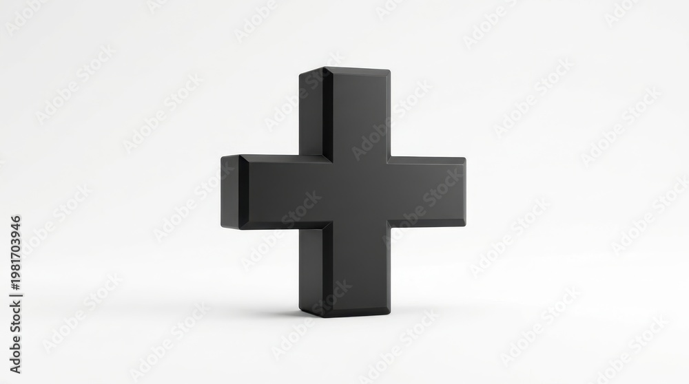 Fototapeta premium A bold black 3d plus sign symbol standing isolated on a clean white background in a minimalist studio photography style.
