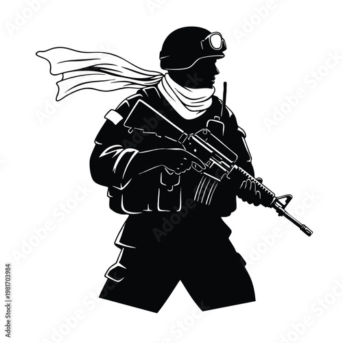 Silhouette of a Tactical Security Officer with Weapon and Gear