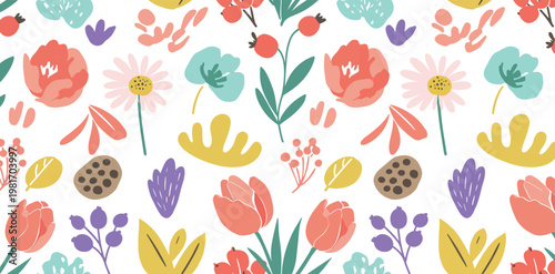 Colorful floral pattern with various flowers and leaves on white background