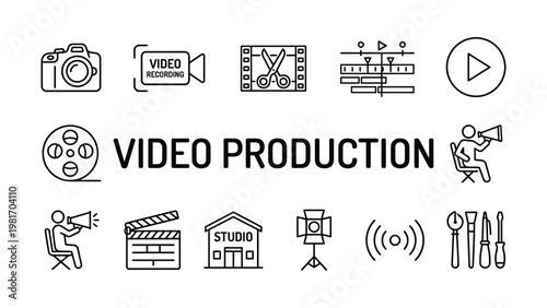 Video production icons set with various filmmaking related symbols and objects  video recording tools and equipment icone set