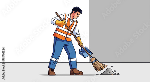 Male Sanitation Worker Sweeping Street with Broom and Dustpan, Wearing Safety Vest