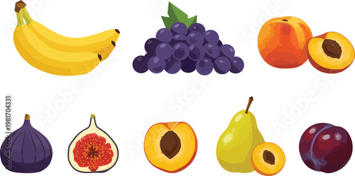Assorted colorful fresh fruits including bananas grapes peaches pears figs