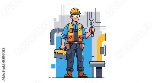 Happy Male Plumber with Wrench and Toolbox in Industrial Setting