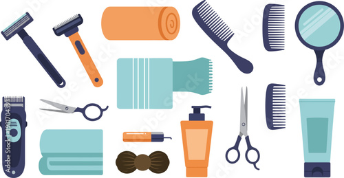 Collection of grooming tools and accessories for men including razors and scissors
