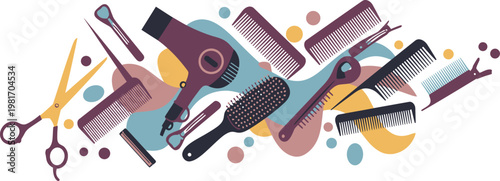 Colorful abstract illustration of hairdressing and styling tools on white background for beauty and fashion concepts