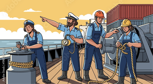 Diverse maritime crew working on ship deck with cargo containers and ocean background