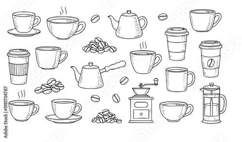 Hand drawn coffee doodles set line art cups beans coffee shop vector illustration