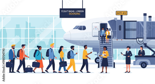 Diverse travelers boarding airplane at airport gate, modern travel concept illustration