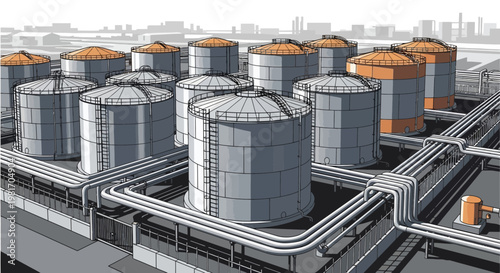 Industrial Oil Storage Tanks with Pipelines, Petrochemical Plant Background