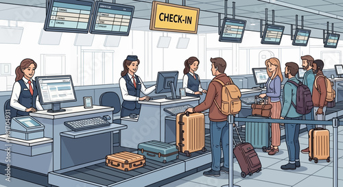 People queuing at airport check-in counter with luggage, traveling by airplane