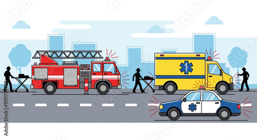 Emergency Services Scene: Fire Truck, Ambulance, Police Car Respond to Incident