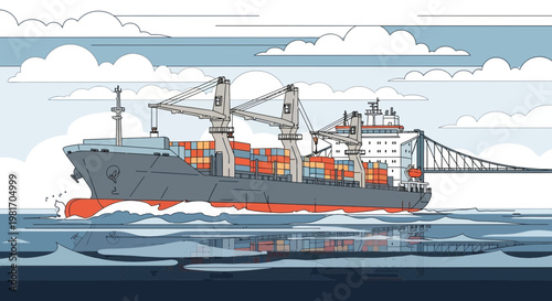 Container Ship Sailing Under Bridge, Maritime Logistics, Global Trade