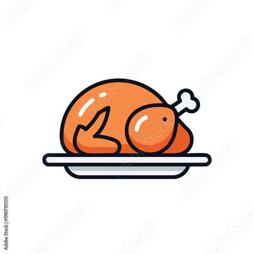 Cute Cartoon Illustration of a Roasted Chicken on a Plate for Food and Cooking Themes