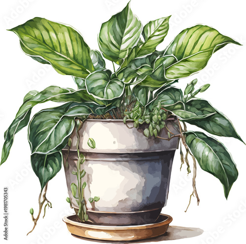Watercolor Potted Peace Lily Houseplant with Lush Green Foliage and Trailing Roots Clipart
