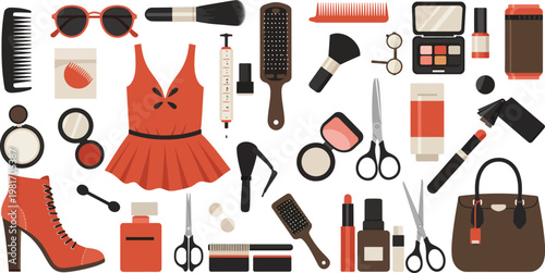 Collection of women s fashion and beauty accessories and tools on white background