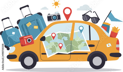 Yellow car packed with luggage and travel items for a road trip vacation