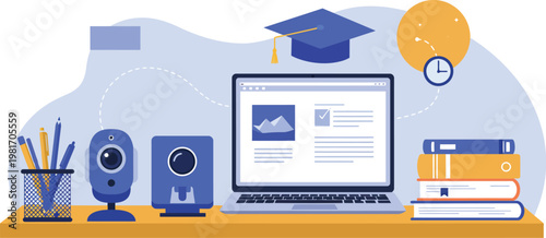 Online learning setup with laptop books graduation cap and stationery on a desk in a home or office environment for education