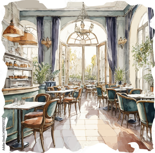 Watercolor Restaurant Interior with Sunlit Arched Windows and Classic European Cafe Decor
