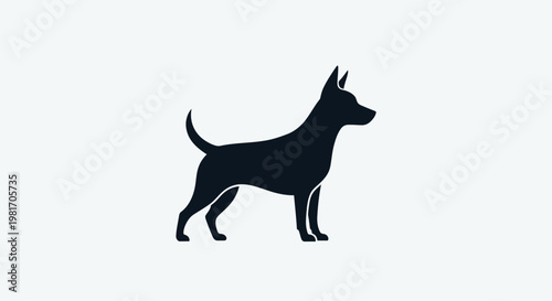 Black silhouette of a standing dog on a light grey background