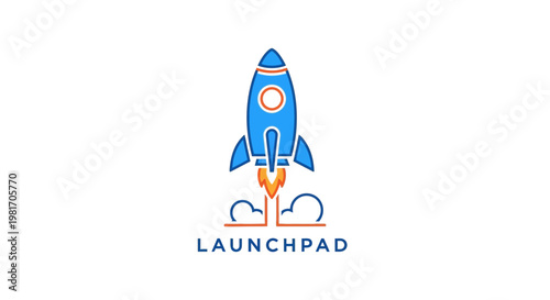Blue Rocket Launching with Fire and Smoke, Text 'Launchpad'