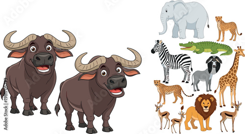 African safari animals collection with buffalo lion elephant giraffe zebra and crocodile cartoon vector illustration set
