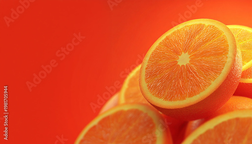 Bright juicy fruity background, oranges drenched in juice. Ripe fresh Orange in halve on bright background. Copy space