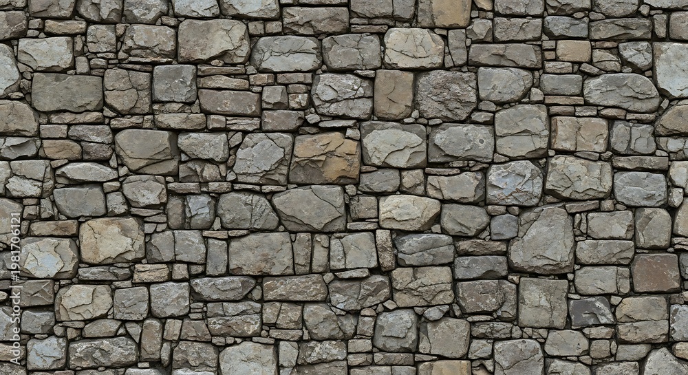 Fototapeta premium Gray stone wall with large and small rocks stacked together outdoor structure