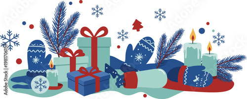 Colorful christmas presents and decorations with snowflakes and candles on a white background