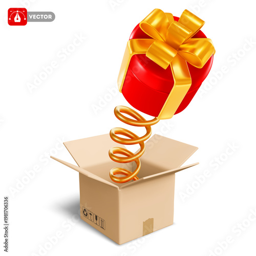 Red gift box, popping out of an open cardboard delivery box on a spring. Concept of surprise, prank, unexpected, sudden, pleasant event. 3D vector illustration. Isolated on white