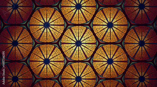 Liver lobule hexagonal architecture — portal triads and hepatocyte plates as stained-glass mandala. Hepatology art. No labels.